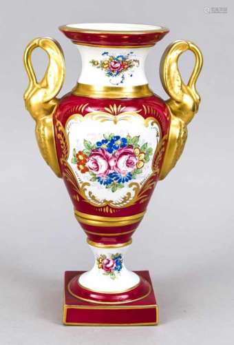 Opulent vase, Paris, around 1920, baluster shape w. swan handles, polychrome flowerpainting,