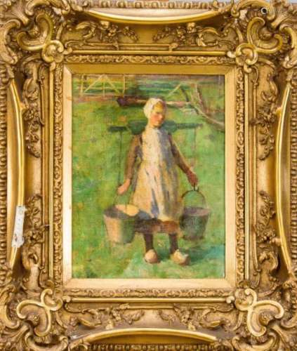 Anonymous painter around 1900, girl with water buckets, oil on canvas over cardboard,unsigned, 35