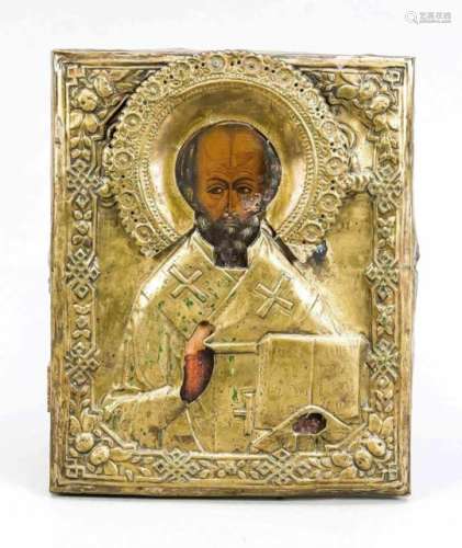 Ikone des heiligen Nikolaus, wohl Russland, 19. Jh., polychrome Temperafarben aufKreidegrund.