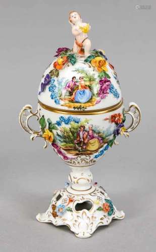 Egg bowl with lid, Potschappel, Dresden, 20th century, ovoid shape, side handles, Putto ontop,