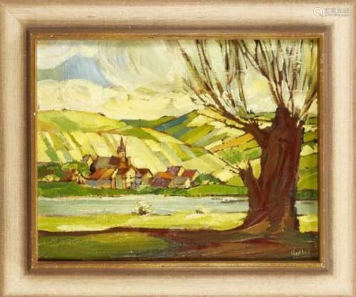 Unidentified painter around 1960, riverside with wicker and village in front of hillyfields on the