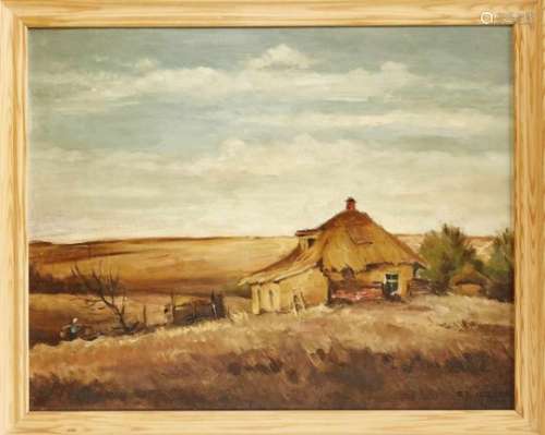 Franz-Josef Herold (1904-1986), farmhouse in further, probably Russian landscape, oil onplywood,