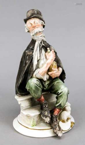 Wine drinker, Capodimonte, Naples, 20th century, polychrome painted, gold decor, signed,H. 27