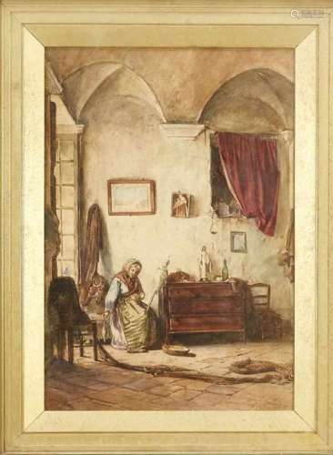 Felix Stone Moscheles (1833-1917), English painter and writer. Interior with old womanspinning at