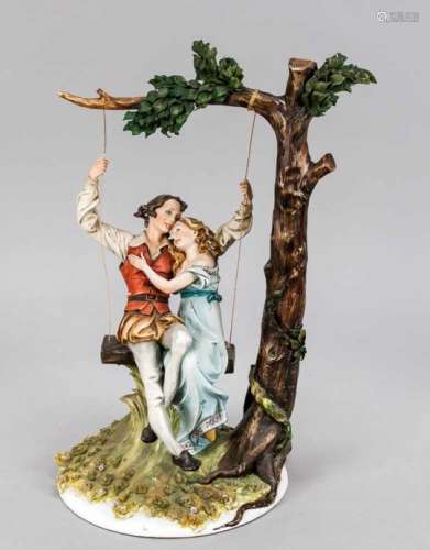 Swinging lovers, Capodimonte, Naples, 20th century, polychrome painted, marked on thestand 'Tyche