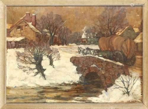 Richard Albitz (1876-1954), Berlin landscape painter, ''Winter dusk over Brandenburgvillage'' (