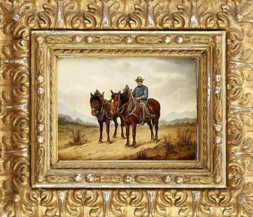 L. Brand, 19th cent., Woman with straw hat with two bridled horses in wide landscape, oilon wooden