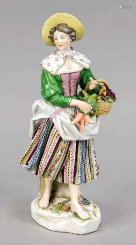 Gardener figurine, Thuringia, 20th century, marked, maid with fruit basket, terrainplinth, model no.