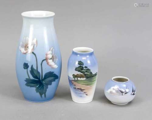 Three vases, Copenhagen, 20th century, ball vase with swallows, h. 6 cm, baluster vasewith Nordic