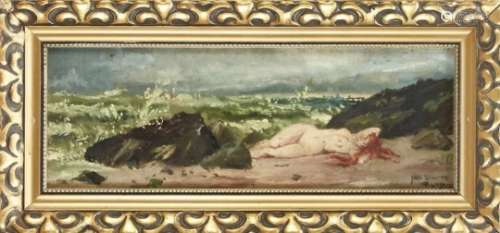 Hans Schuette, painter of symbolism at the end of the 19th century, female nude on thebeach with