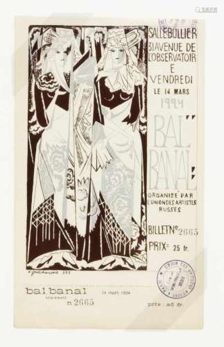 Natalia Gontcharowa (1881-1962), ticket for Bal Banal 1924, woodcut (?) On paper withintact and