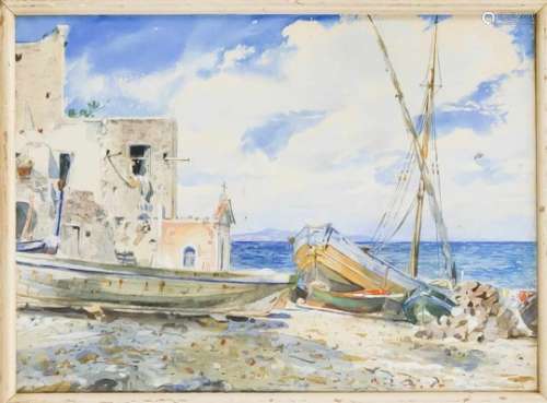 Max Koch, 1st half of the 20th century, fishing boats on the shores of Capri, watercoloron paper,
