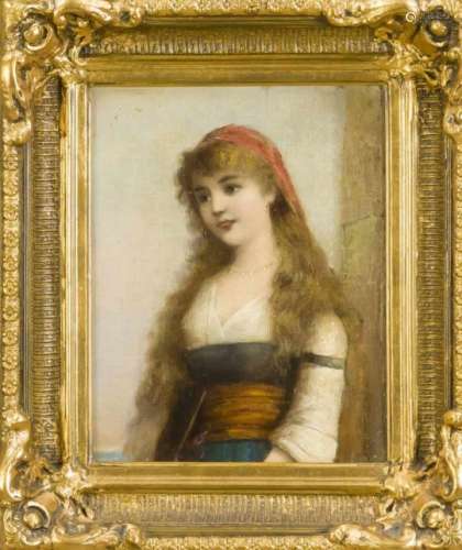 Anonymous, probably Italian painter around 1900, Portrait of a young woman, oil oncardboard,
