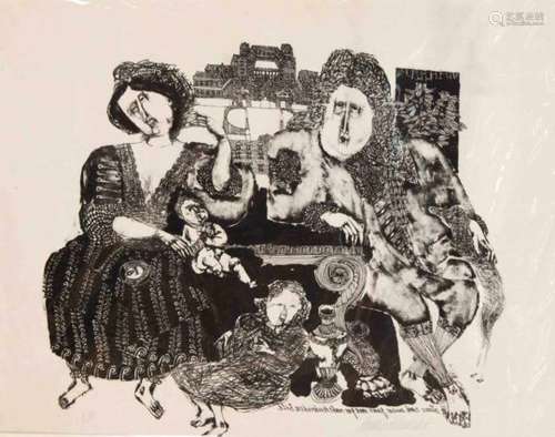 Hanno Edelmann (1923-2003), group portrait of a ruling family of the Baroque, lithography,u. re.