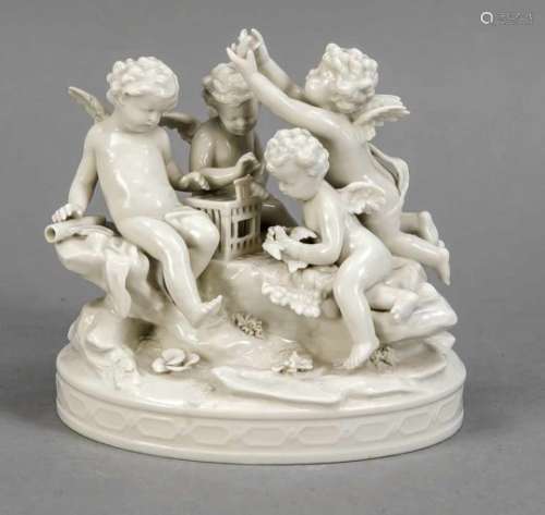 Figure group, Rudolstadt, Thuringia, 20th century, four cupids with a birdcage as a birdcatcher,