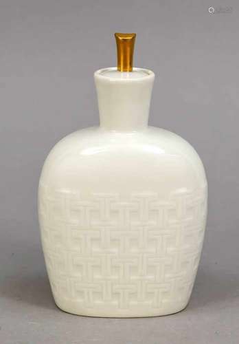 Carafe with stopper, Bing and Grondahl, Copenhagen, 1950s, wall with wicker relief,stopper with gold