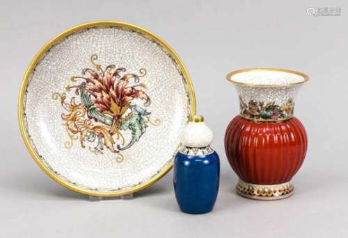 Bowl and 2 vases, Dahl Jensen, Copenhagen, mark 1925-75, crackled surface, flowerpainting, colored
