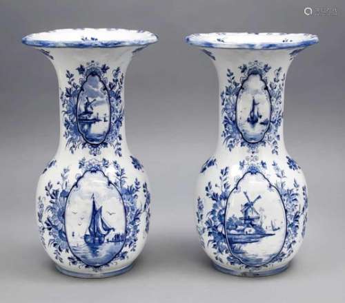 Pair of vases, in the manner of Delft, 20th century, Dutch motifs with windmills andsailing boats in