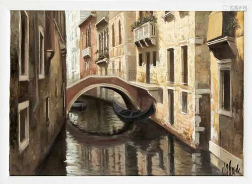 Popov, Russian painter 2nd half of the 20th century, naturalistic view of a canal inVenice, oil on