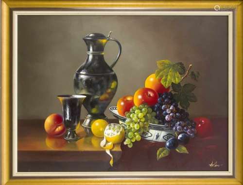 Werner De Caro (* 1945), German still life painter, fruit still life with pewter jug, finepainting