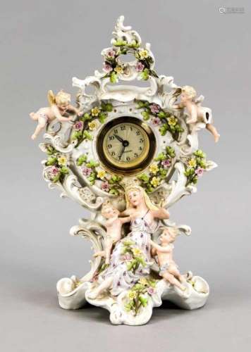 Table clock, porcelain case, Thuringia, around 1920, in Rococo style, flora on the foot,