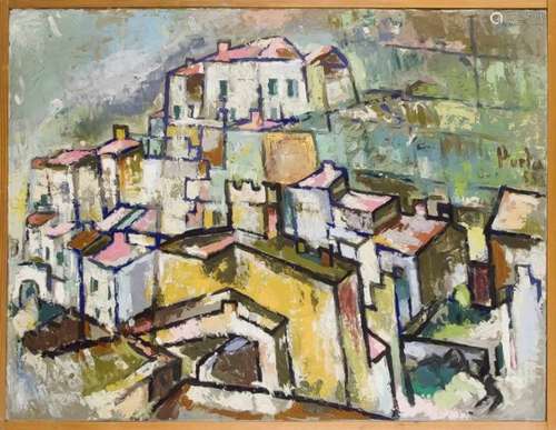 Camillo Porta (* 1932), Spanish painter, expressive cityscape with black contours, oil onplywood, on