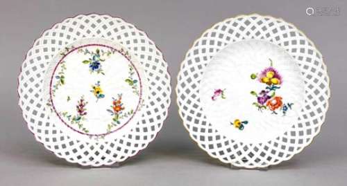 Two plates, Meissen, 18th century, openwork border, wickerwork relief, polychrome flowerpainting, 1x