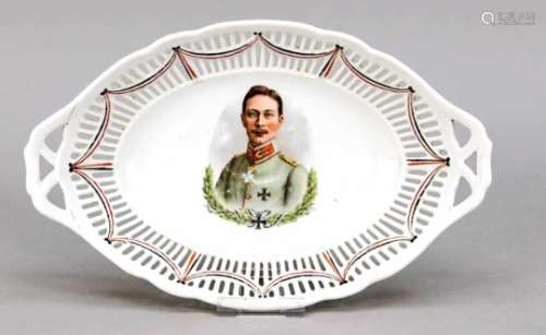 Patriotic bowl, Germany, around 1900, oval shape, openwork border, centre w. printedportrait of ''