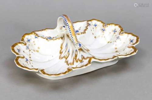 Serving bowl, KPM Berlin, mark 1844-47, 1st quality, shell shape, floral decor in blue andgold, gold