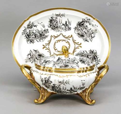 Tureen with lid on platter, Portugal, around 1900, oval shape on 4 volute feet, sidebranch handless,