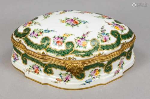 Box with hinged lid, Paris, France, around 1900, oval shape, polychrome flower painting,ribbon decor