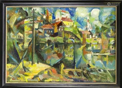 Anatoli Basjagin, contemporary Russian painter, abstracted city view, oil on hardboard, u.re.