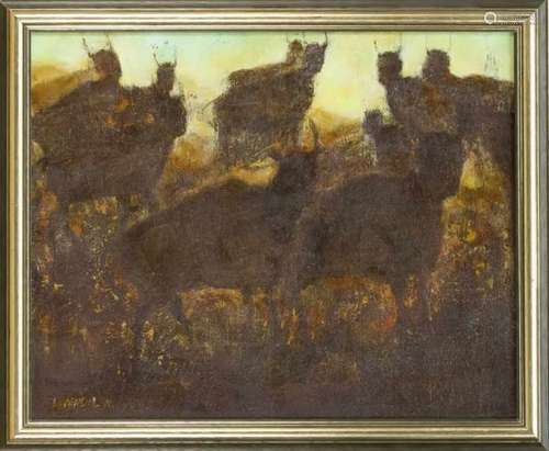 Nechama Levendel (* 1961), Israeli artist, herd of cattle, oil on canvas, signed lowerleft ''