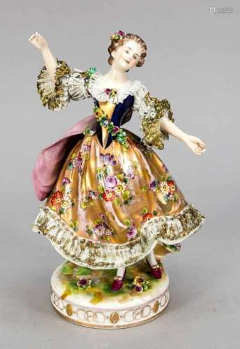 Dancing Rococo lady, Rudolstadt-Volkstedt, 20th century, round base, polychrome painted,gold