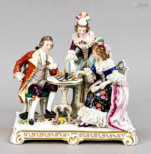 Figure group, Sitzendorf, Thuringia, 20th century, elegant Rococo ladies and gentlemanplaying chess,