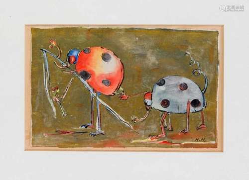 Monogrammist H.H., 2nd H. 20th century, two ladybugs in undefined situation, pen andwatercolor on