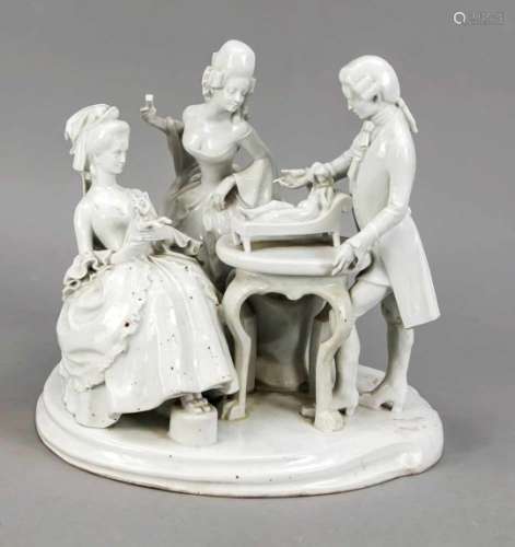 Figure group, 20th century, 2 elegant Rococo ladies and cavalier withthe model of a femalenude on