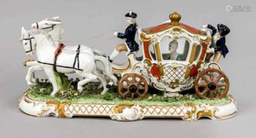 Figure group, Unterweissbach, Thuringia, 20th century, elegant Rococo lady in atwo-in-hand carriage,
