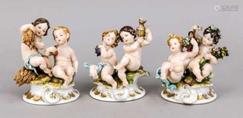 Three allegorical pairs of children, Doccia, Italy, 19th century, polychrome painted, golddecor,