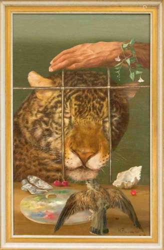 W. Pankowski, contemporary, probably Polish painter. Surreal composition with leopardbehind bars