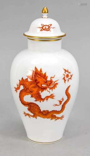 Lidded vase, Meissen, anniversary mark 1960, 1st quality, decor Red Ming dragon, gold rim,H. 25