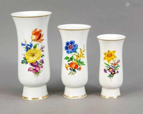 Three Art Deco vases, Meissen, stamps after 1934, 2nd quality, polychrome flower painting,gold