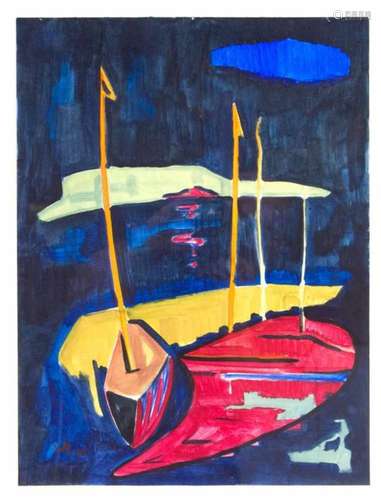 Monogrammist ''WR'', painter in Basel mid-20th century, abstract landscape with boats in