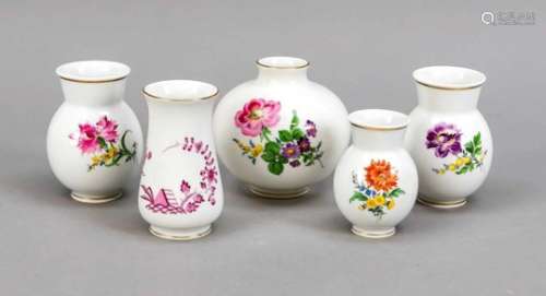 Five vases, Meissen, marks after 1934, 2nd quality, 3 bulged vases and 1 spherical vasewith