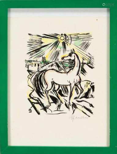 Richard Janthur (1883-1950), two watercolor lithographs, ''Horse in front of a landscape''and ''