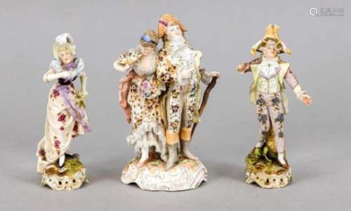 Three figures, Rudolstadt-Volkstedt, Thuringia, 20th century, each painted polychrome a.with gold