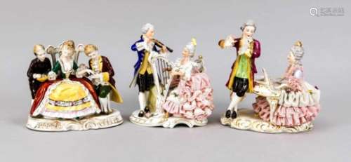 Three groups of figures, 20th century, each painted polychrome a. with gold decor,musician Rococo