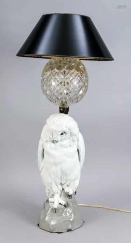 Owl lamp, Heubach, Lichte, Thuringia, 20th century, large snowy owl on rock base, paintedin