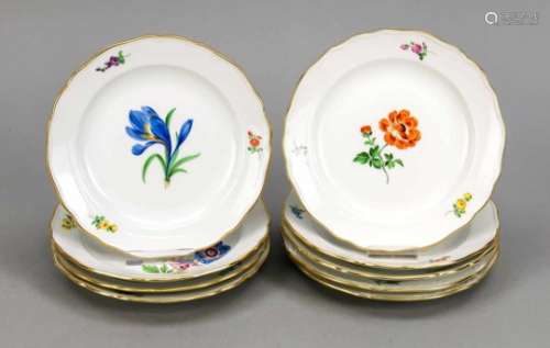 Nine cake plates, Meissen, after 1950, 2nd quality, 7 plates, new cutout shape, 2 plates,