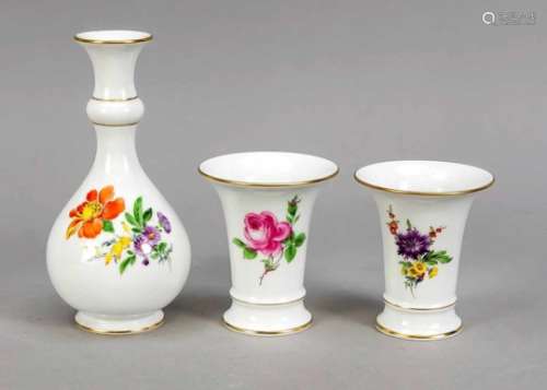 Three vases, Meissen, after 1950. Bottle vase with polychrome flower painting, 1stquality, H. 18 cm,